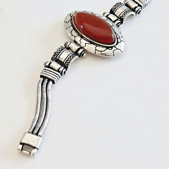 Statement Bracelet Chunky Southwestern Style Brown Silvertone Aztec Tribal Boho - Picture 7 of 9